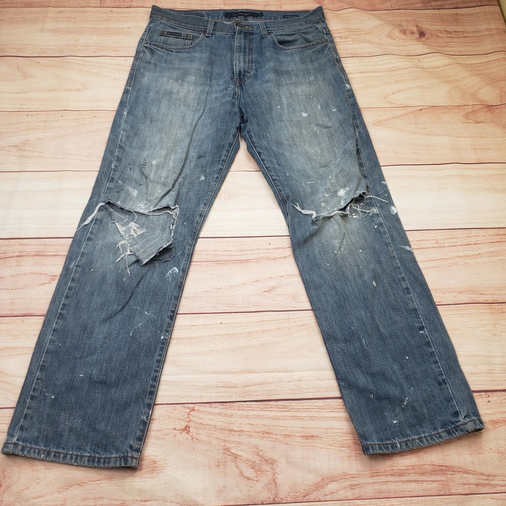 Calvin Klein Jeans Men 32 Relaxed Straight Blue Distressed Paint Splatter Ripped